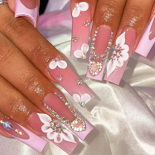 Spring Blossom Long Square Pink Press On Nail Set with Floral Rhinestone Accents