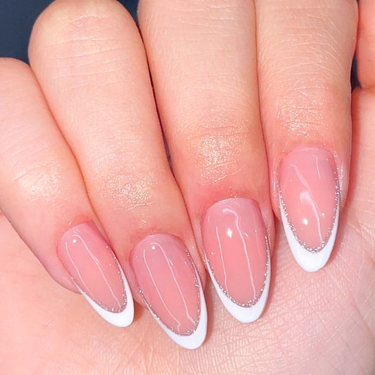 Glamorous Pink Almond Press On Long Nail Set with White Tips and Sparkling Glitter Accents