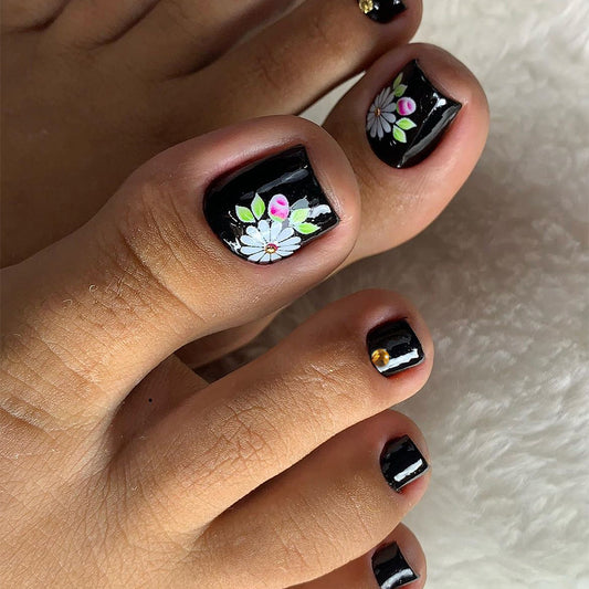 Bohemian Floral Charm Short Square Black Press On Nail Set with Vibrant Flower Artwork and Accent Gems