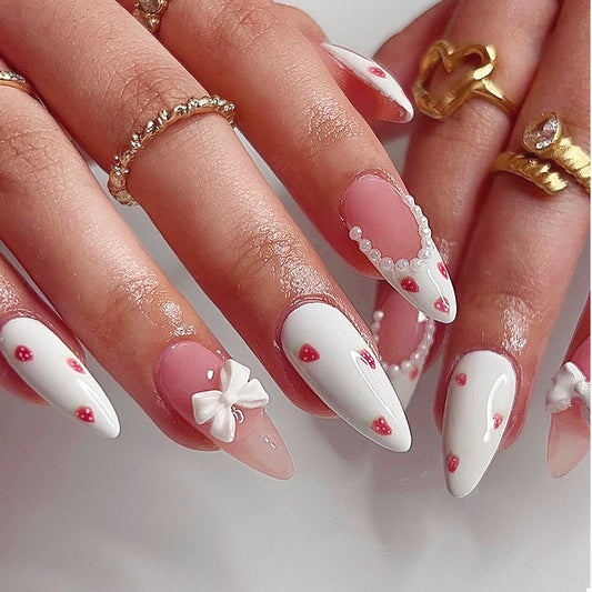Enchanted Elegance Long Almond-Shaped White Press On Nails with 3D Flower Accents and Rhinestone Embellishments