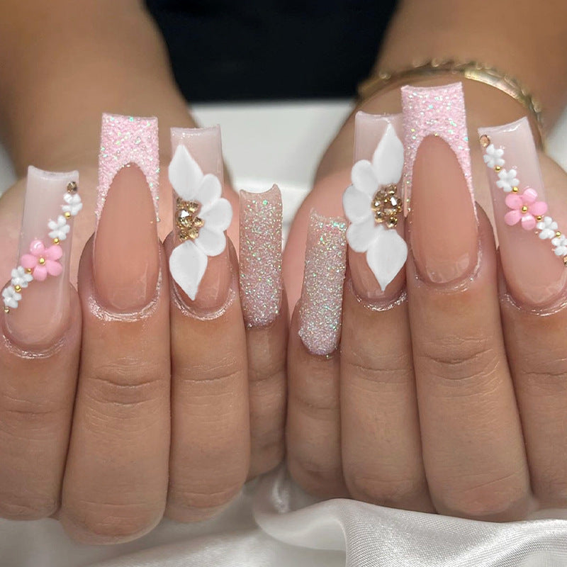 Spring Blossom Collection Long Square Pink Glitter Embellished Press On Nail Set with Floral Accents