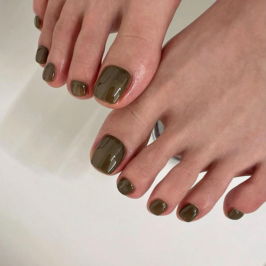 Sophisticated Earthy Elegance Short Square Olive Green Press On Nail Set with High Gloss Finish