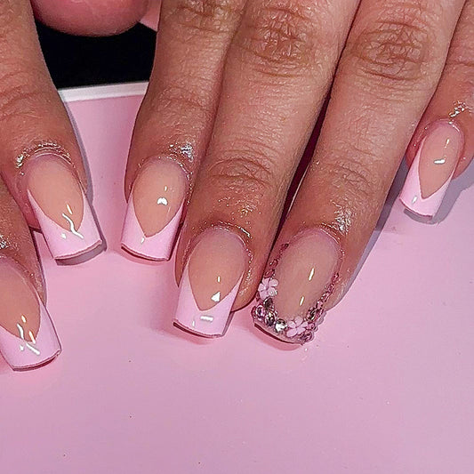 Chic Floral Dream Long Square Pink Ombre Press On Nail Set with Rhinestone Accents
