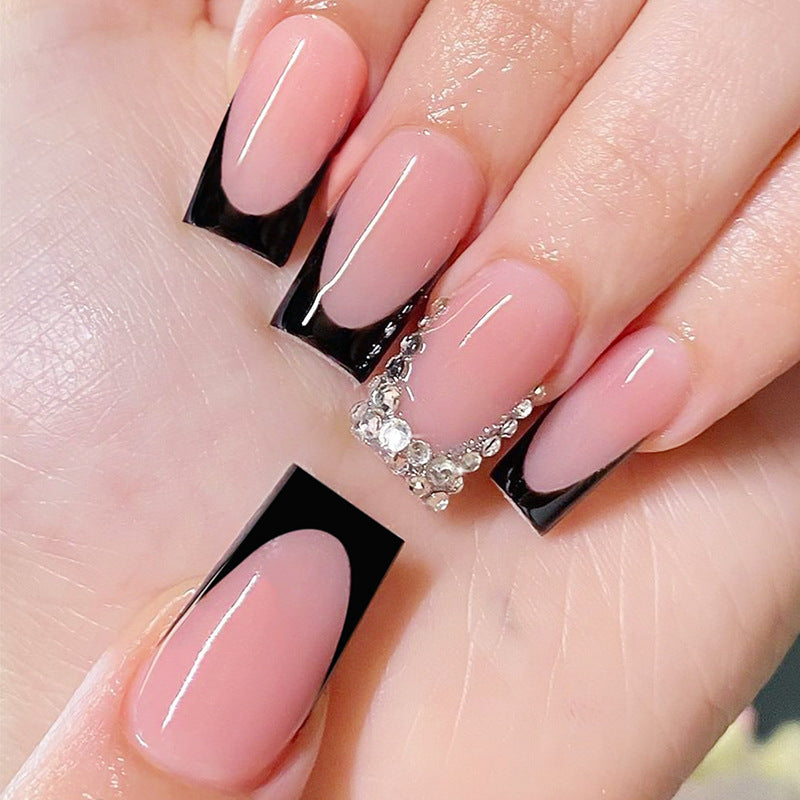 Elegant Evening Long Square Black and Beige Ombre Press On Nail Set with Rhinestone Accents