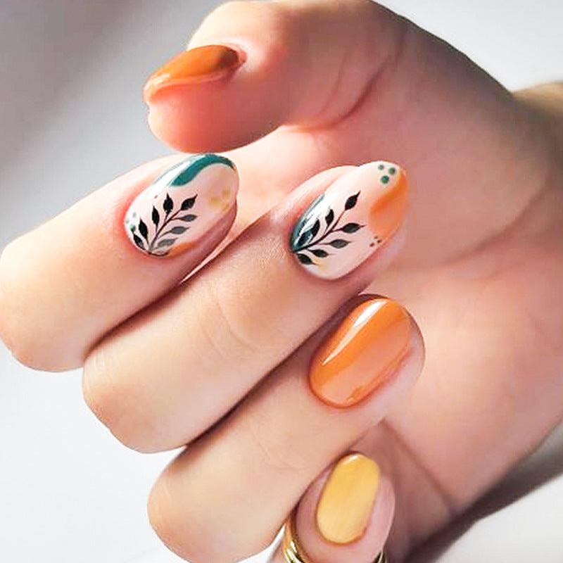 Autumn Elegance Medium Oval Orange Press On Nail Set with Botanical Accents