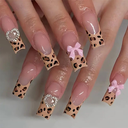 Safari Elegance Extra Long Coffin Beige Cheetah Print Press on Nails with Rhinestone Accents and Pink Bows