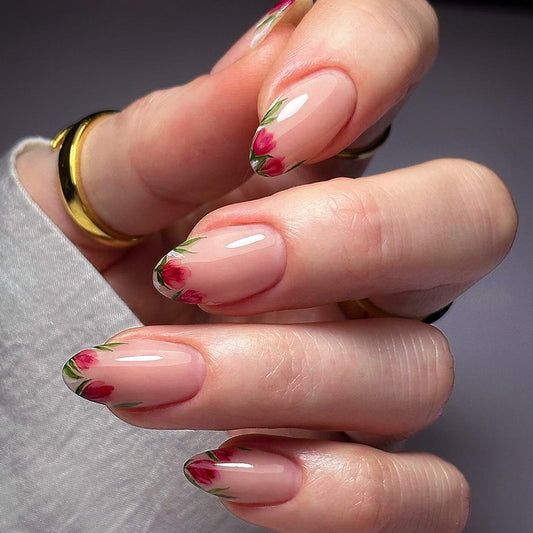 Spring Blossom Medium Oval Beige Press On Nail Set with Floral Accents and Gloss Finish