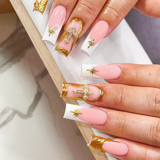 Enchanted Elegance Long Square Pink Press On Nail Set with Gold Accents and Star Charms