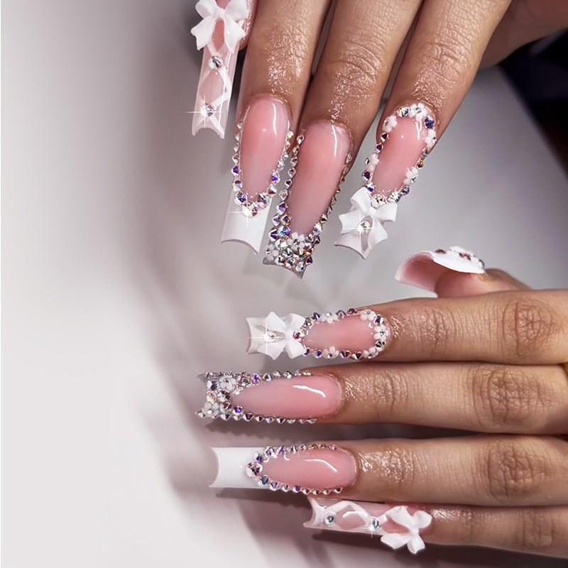 Elegant Bridal Extra-Long Coffin Pale Pink Press On Nail Set with Rhinestone Embellishments and Bow Accents