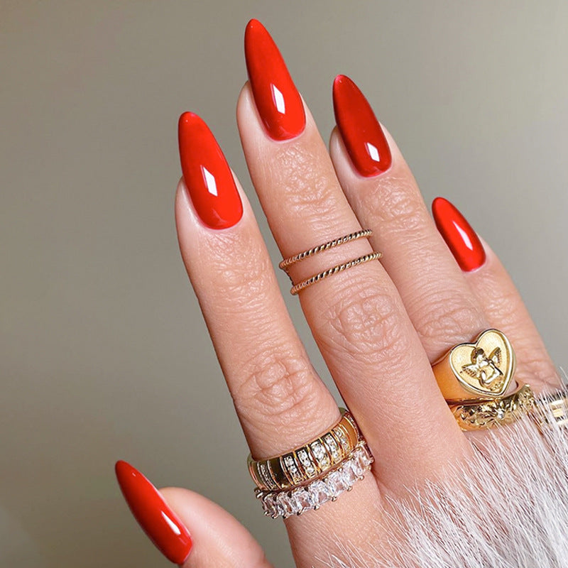 Glamorous Red Almond 10 Long Length Press On Nails with High Shine Finish