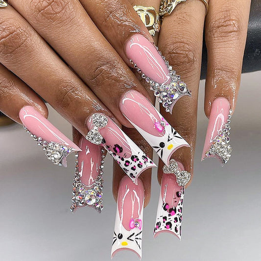 Bunny Bliss 3D Long Square Pink and White Press On Nails with Gemstone Accents and Cute Animal Design
