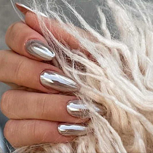 Celestial Gleam Medium Almond Shaped Silver Metallic Press On Nail Set