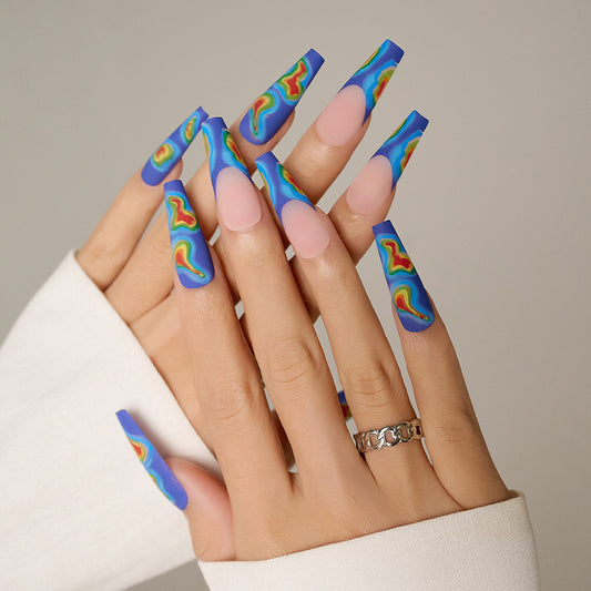 Rainbow Waves Long Coffin Press On Nail Set Blue Pink with Unique Colorful Swirl Design