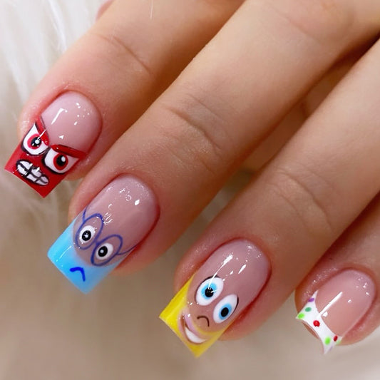 Fun Cartoon Character Theme Square Press On Long Nail Set 10cm Colorful Design with Unique Facial Expressions