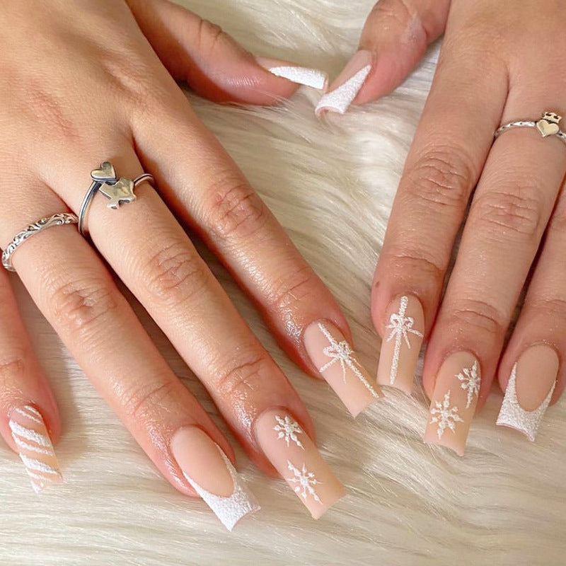 Elegant Winter Glam Long Square Beige and White Frosted Snowflake and Bow Press-On Nail Set