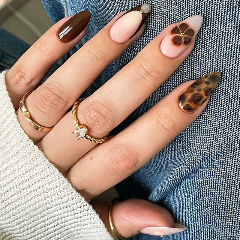 Wild Safari Short Almond Shaped Chocolate Brown and Leopard Print Press On Nail Set with Chic Accent Stones