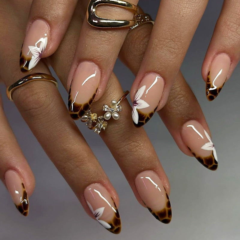 Safari Chic Elegant Short Almond Shaped Brown Floral Press On Nail Set