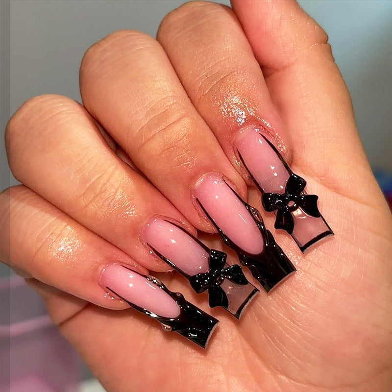 Chic Elegance Long Square Gradient Pink Press On Nails with Glossy Black Bow Accents