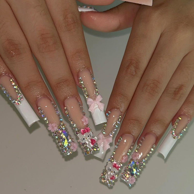 Charming Whimsical Long Square Soft Pink with Glittering Rhinestones and Cute Character Accents Press On Nail Set