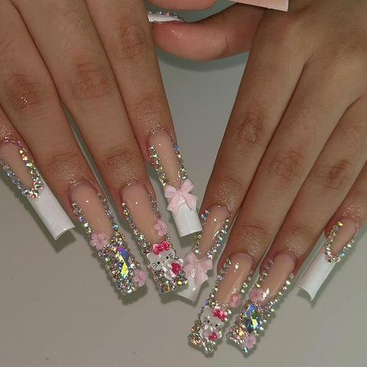 Charming Whimsical Long Square Soft Pink with Glittering Rhinestones and Cute Character Accents Press On Nail Set
