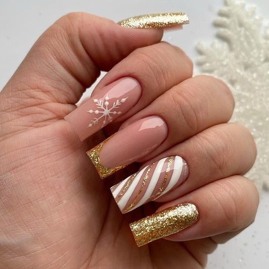 Winter Wonderland Elegant Long Square Pink and Gold Glitter with Snowflake Design Press On Nail Set