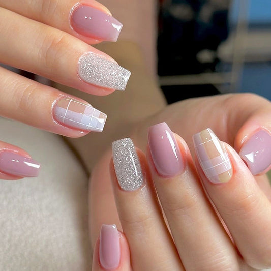 Chic Elegance Medium Square Pink with Glitter and Geometric Designs Press-On Nail Set