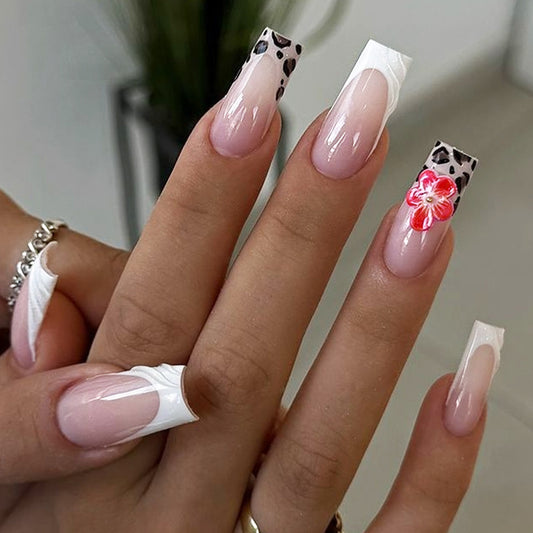 Tropical Paradise Long Square Press On Nail Set in Soft Pink with Animal Print Tips and Floral Accent