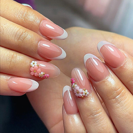 Charming Blooming Garden Short Oval Pink Ombre Nails with Floral Accents