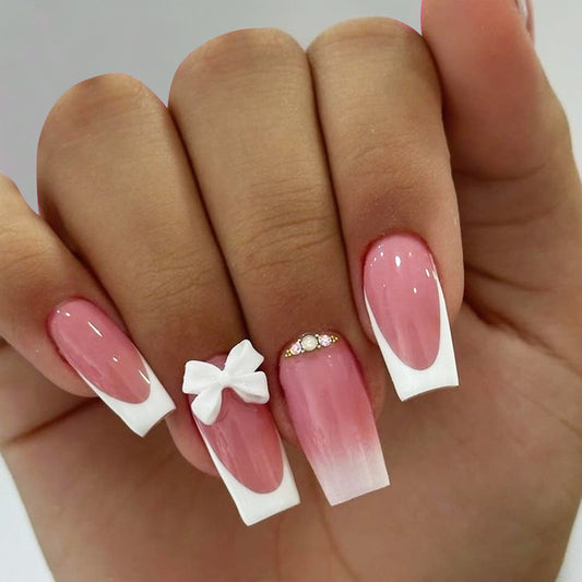 Charming Elegance Medium Square Pink with White Tips Featuring Bow and Gem Accents Press-On Nail Set