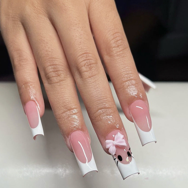 Whimsical Charm Long Square Pink And White Press On Nail Set With Cute Bow Accent