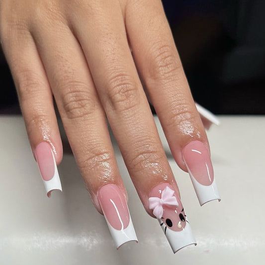 Whimsical Charm Long Square Pink And White Press On Nail Set With Cute Bow Accent