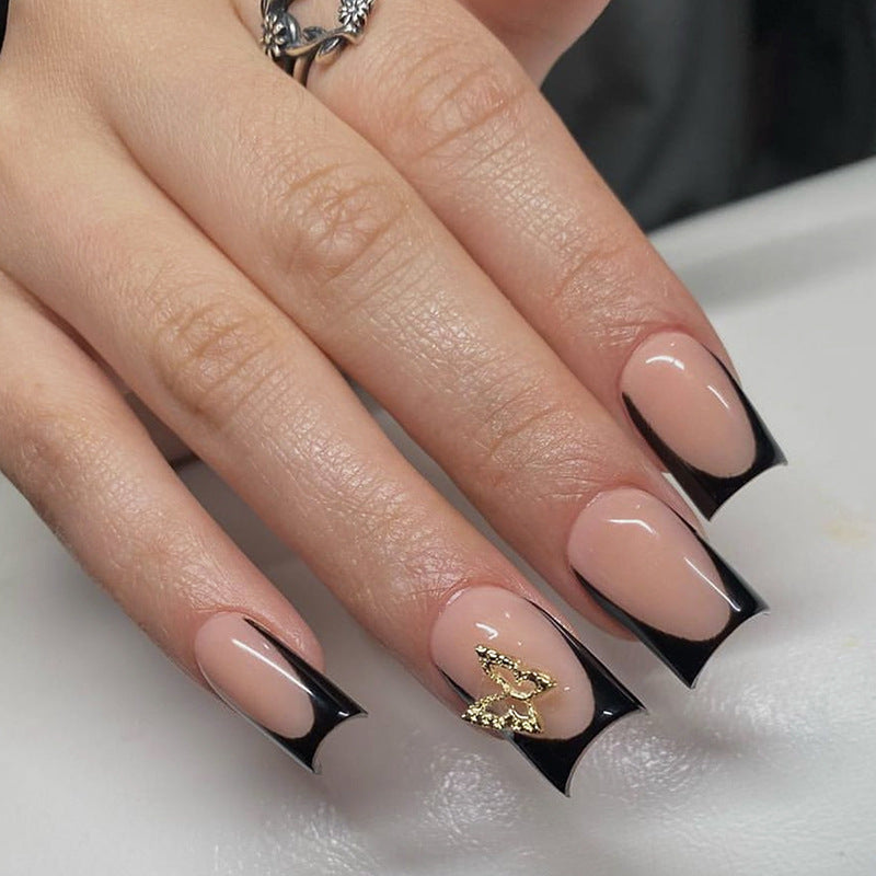 Elegant Nightfall Medium Square Shape Beige and Black Press-On Nail Set with Unique Gold Butterfly Accent