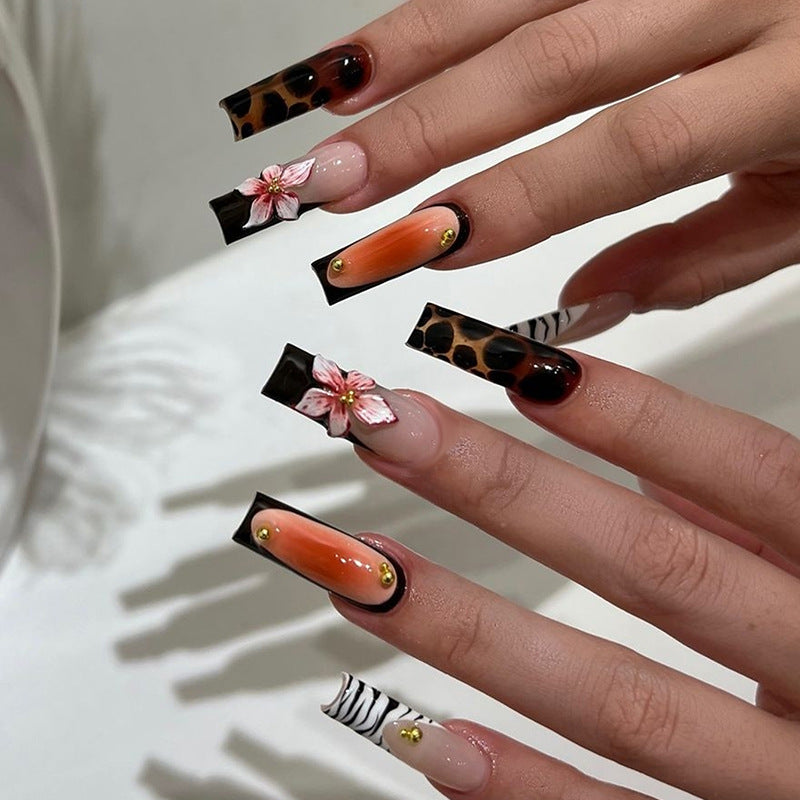 Wild Safari Inspired Long Square Orange Black Leopard and Floral Press On Nail Set with Unique Metallic Accents