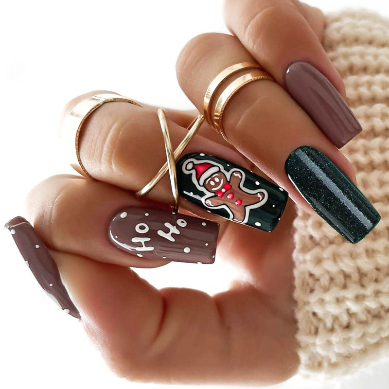 Festive Gingerbread Cheer Long Square Burgundy and Green Sparkle Nail Set with Whimsical Holiday Designs