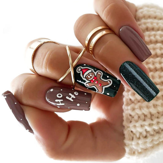 Festive Gingerbread Cheer Long Square Burgundy and Green Sparkle Nail Set with Whimsical Holiday Designs