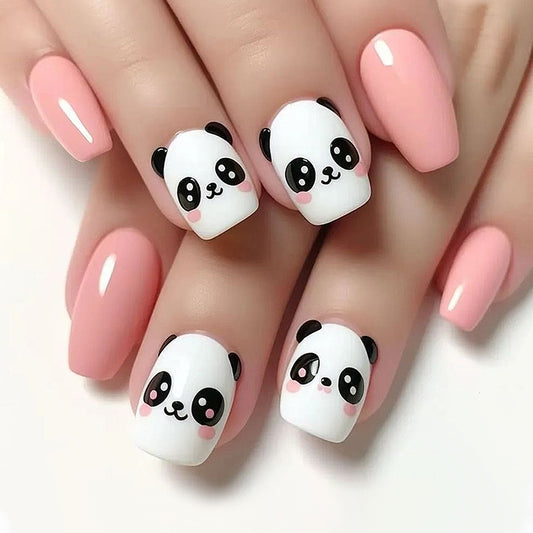 Adorable Panda Theme Short Square Shaped Soft Pink and White Nail Set with Cute Panda Designs