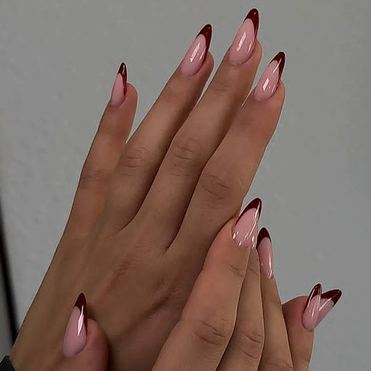 Glamorous Elegance Long Almond Ombre Pink with Bold Red Tips Nail Set
