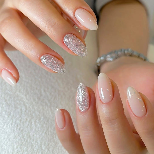 Glittering Elegance Short Oval Pink and Sparkling Glitter Press On Nail Set
