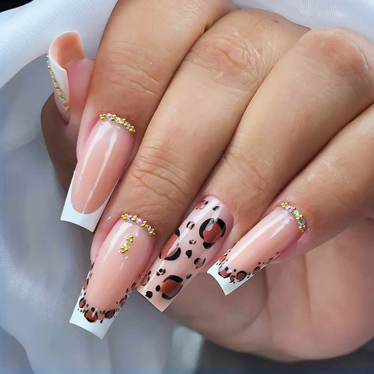 Wild Safari Glamorous Long Square Beige and White Press On Nail Set with Leopard Print and Glitter Accents