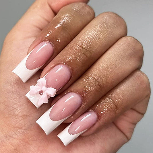 Charming Elegance Long Square Pink and White Press-on Nail Set with Adorable Bow Accent