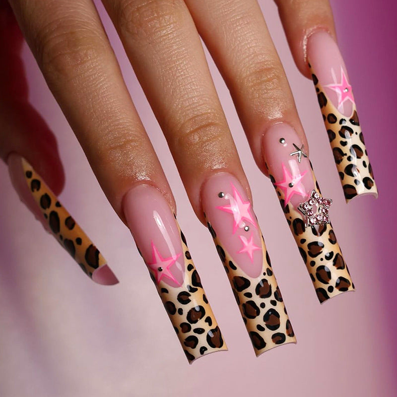 Wild Safari Glam Long Square Leopard Print Pink Star Press On Nail Set