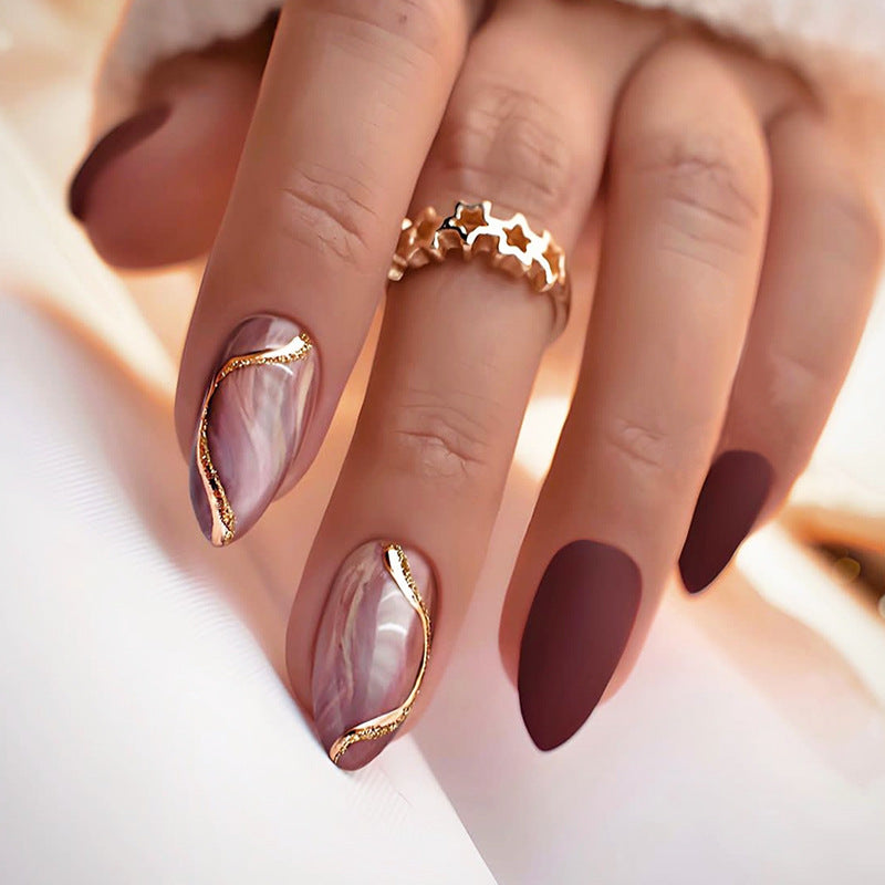 Elegant Glamour Short Almond Shaped Deep Burgundy and Marble Effect Press-On Nail Set with Golden Accent Detail