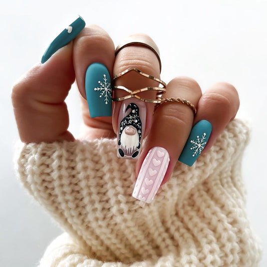 Cozy Winter Wonderland Long Square Teal and Pink Press on Nail Set with Adorable Gnome and Heart Designs