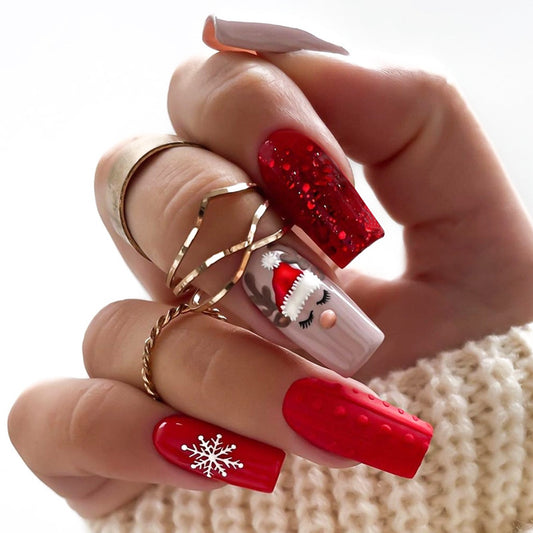Festive Winter Wonderland Medium Square Red and Glittery with Charming Holiday Designs Press on Nail Set