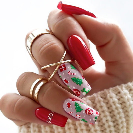 Holiday Cheer Medium Square Red and Festive Christmas Design Press-On Nail Set
