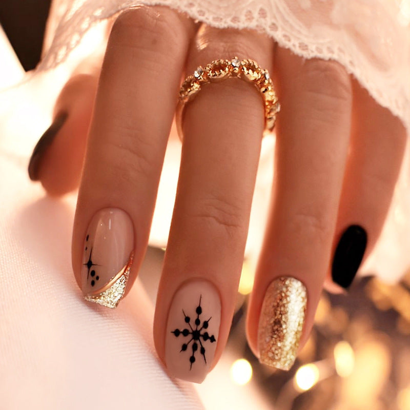 Winter Wonderland Elegant Short Coffin Shape Glittering Gold and Black Snowflake Press On Nail Set