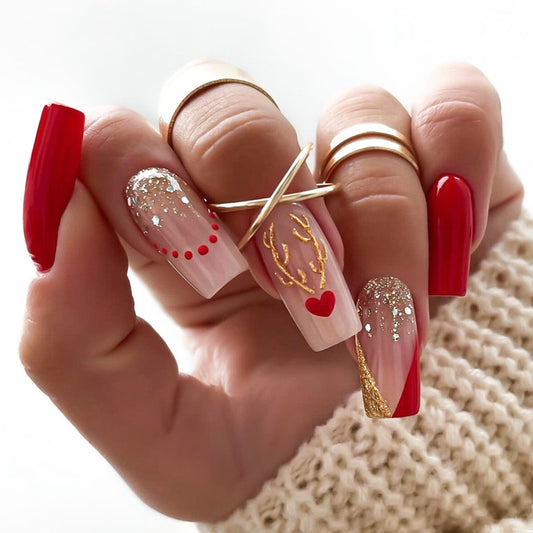 Festive Charm Long Square Red with Gold Accents and Glitter Press On Nail Set