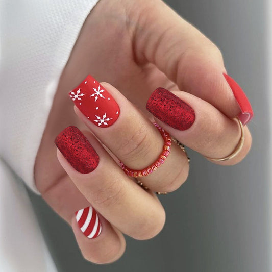 Festive Glamour Short Square Red Sparkling Snowflake Nail Set