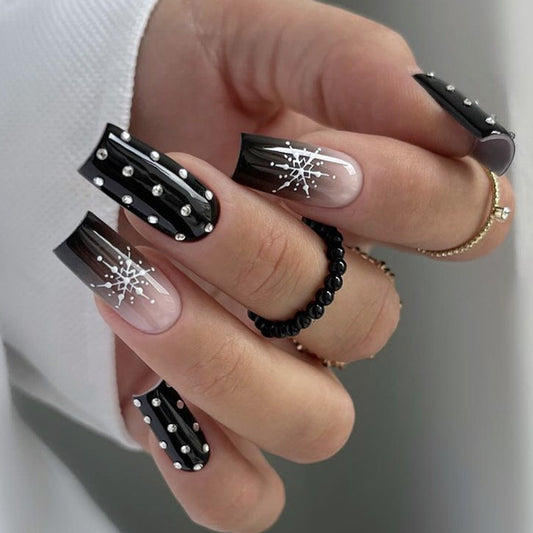 Gothic Elegance Long Square Black Press On Nail Set with Silver Studs and Snowflake Design