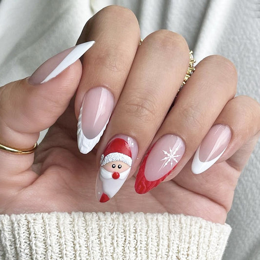 Festive Charm Medium Almond Red and White Nail Set with Whimsical Santa Design